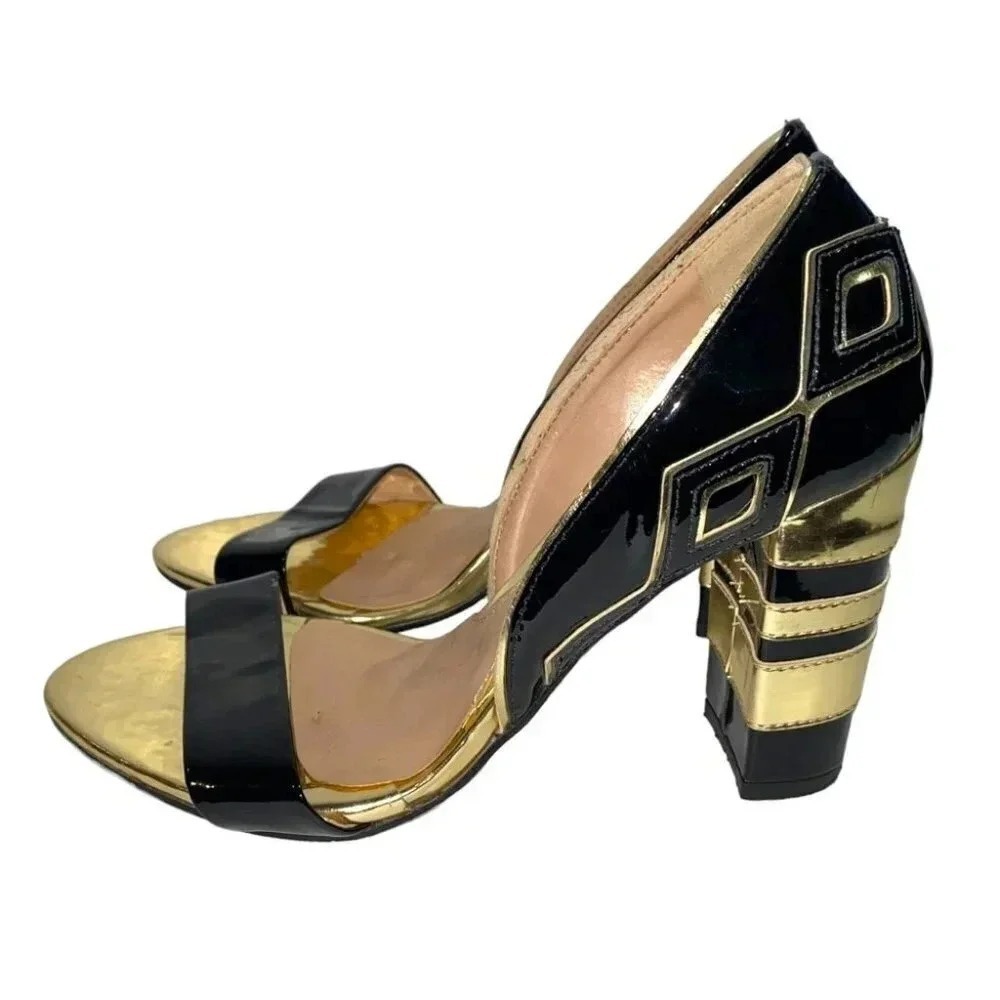 Mezzo Punto Block Heelβ Sandal 7 Black Gold Art Deco Geometric Patent Leather